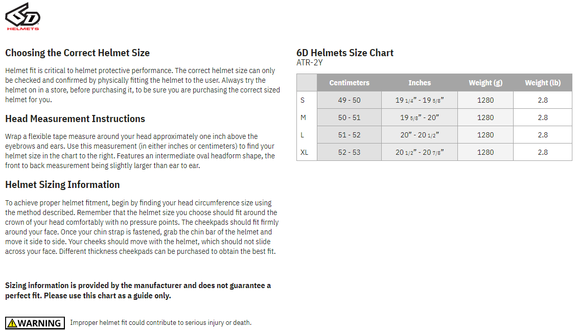 6D-Youth ATR-2Y-Range-MX-Offroad-Helmet-Size chart