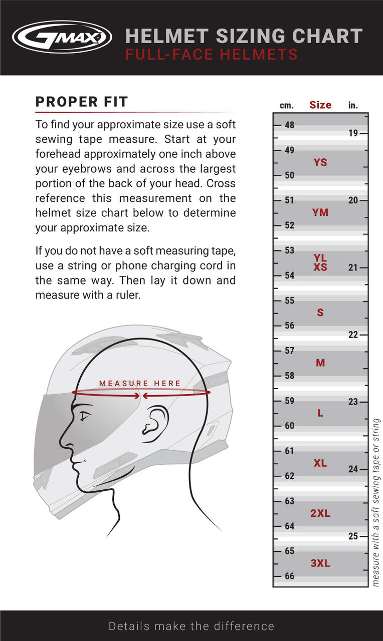 Gmax-GM-11-Decima-Black-Grey-Full-Face-Motorcycle-Helmet-size chart