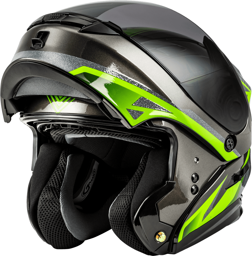 Gmax-MD-01-Volta-Black-Green-Modular-Motorcycle-Helmet-open-front