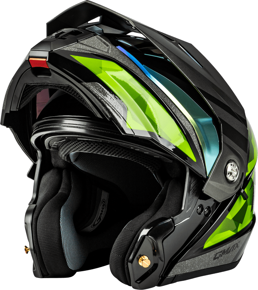 Gmax-MD-74-Striker-Black-Silver-Green-Modular-Motorcycle-Helmet-open-front