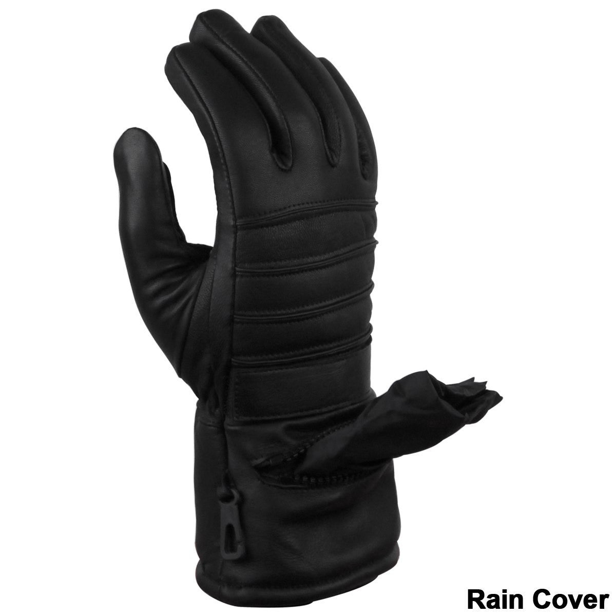 Vance GL2066 Mens Black Biker Motorcycle Leather Gloves With Rain Cover - Detail View