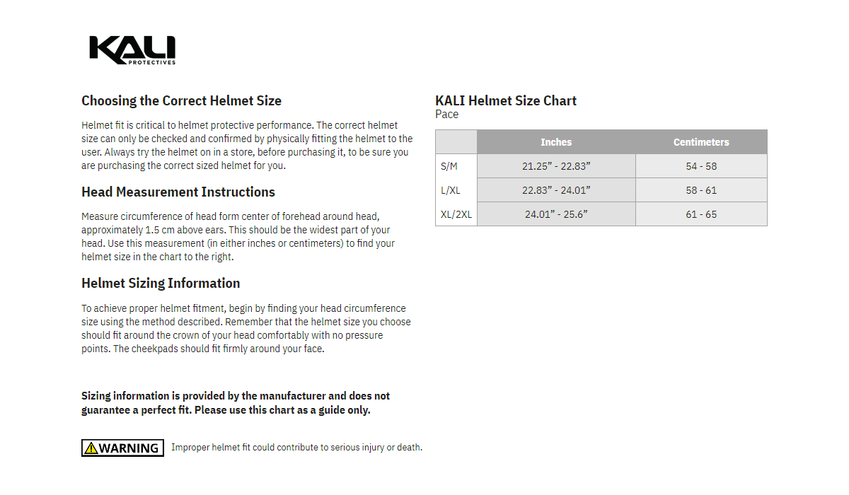 Kali-Pace-Camo-Matte-Grey-Bicycle-Helmet-size-chart