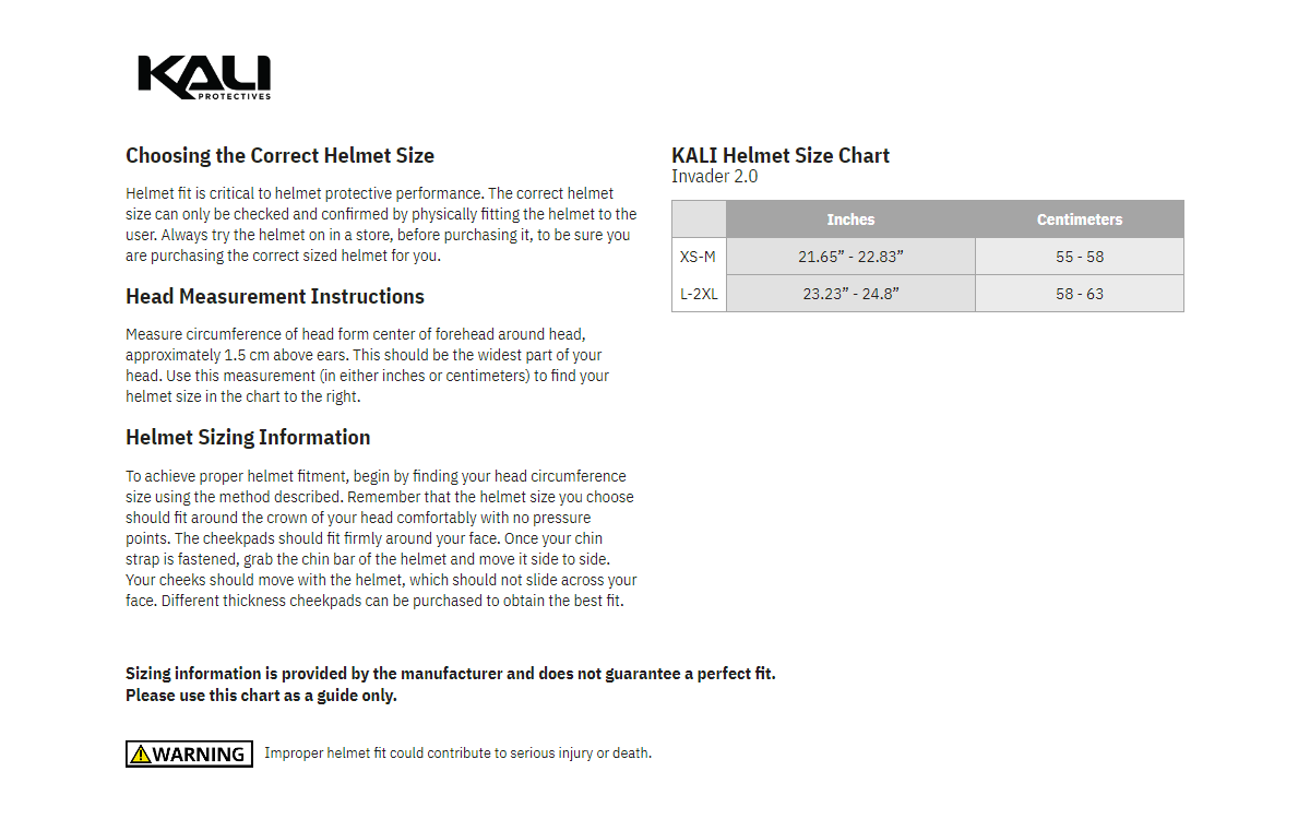 Kali-DH-Invader-LTD-Glitch-Bicycle-Helmet-size-chart