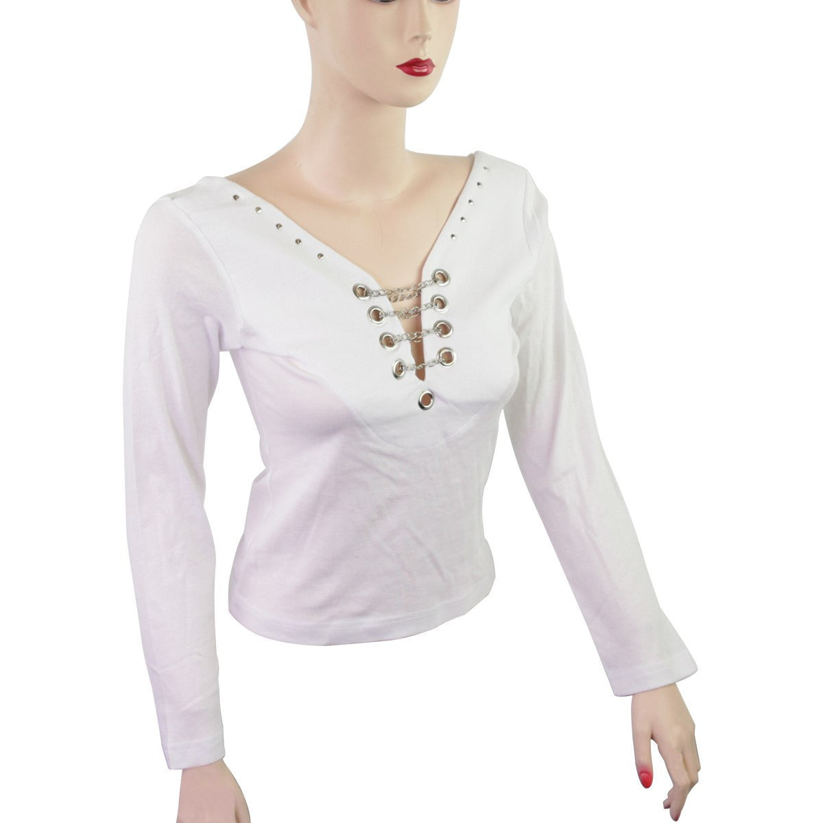 Women's Full Sleeve Studs and Chain Motorcycle Shirt - White