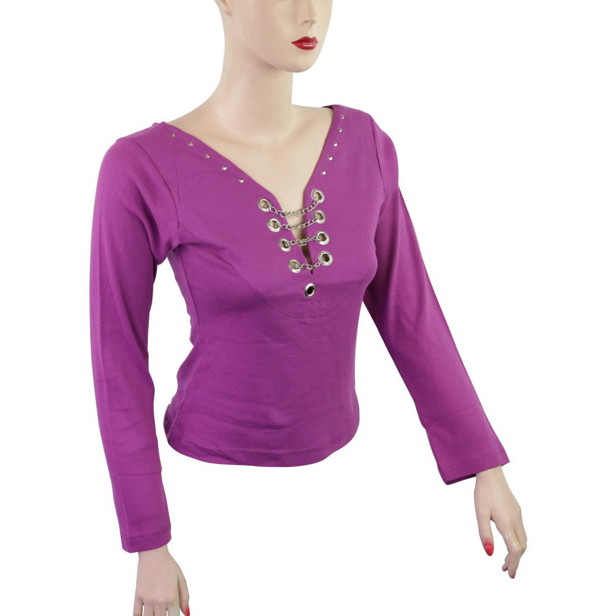 Women's Full Sleeve Studs and Chain Motorcycle Shirt - Purple