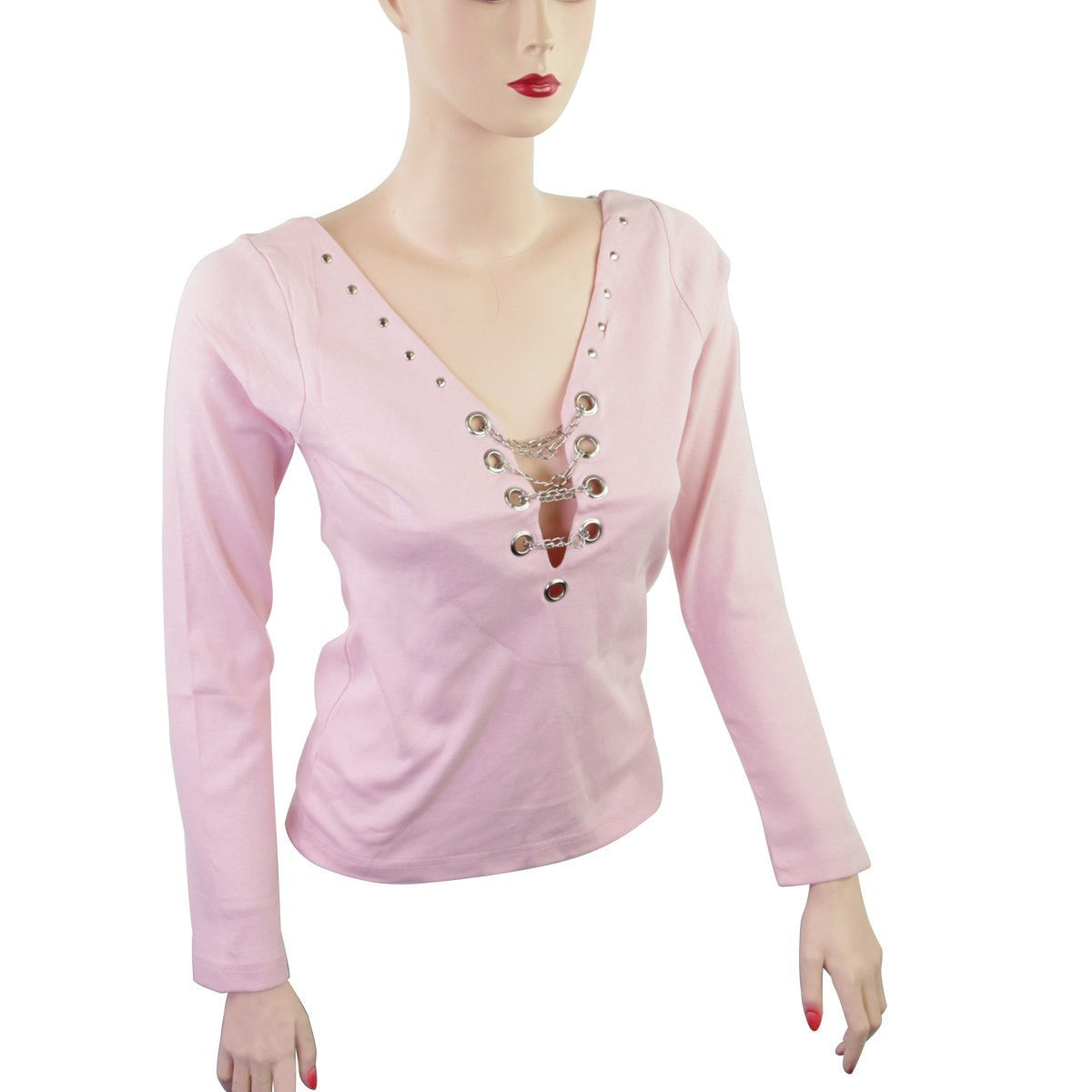 Women's Full Sleeve Studs and Chain Motorcycle Shirt - Pink