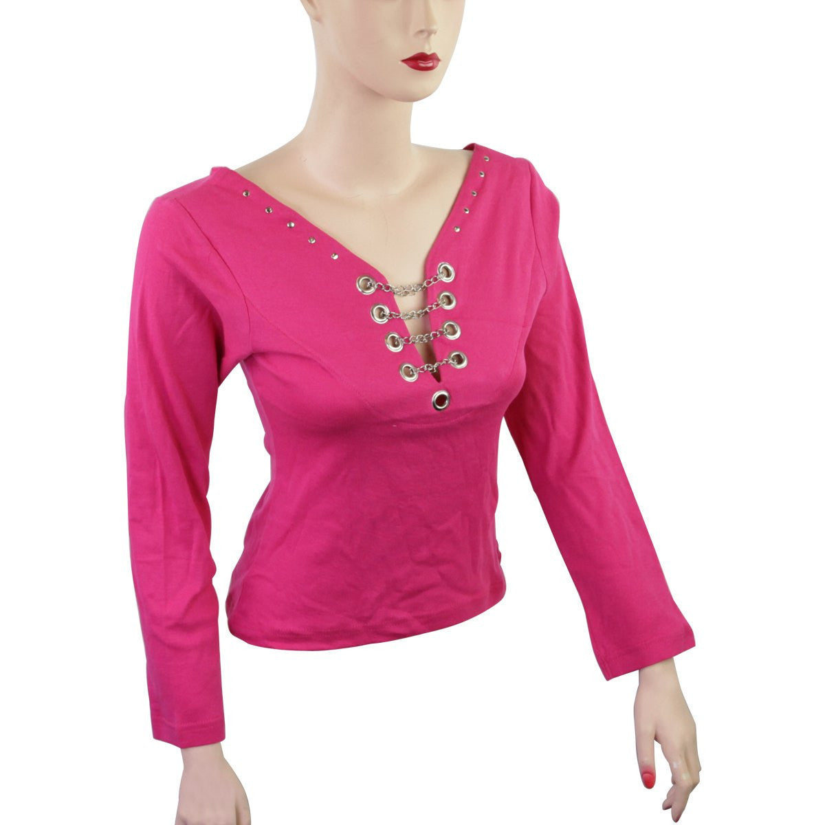 Women's Full Sleeve Studs and Chain Motorcycle Shirt - Fuchsia