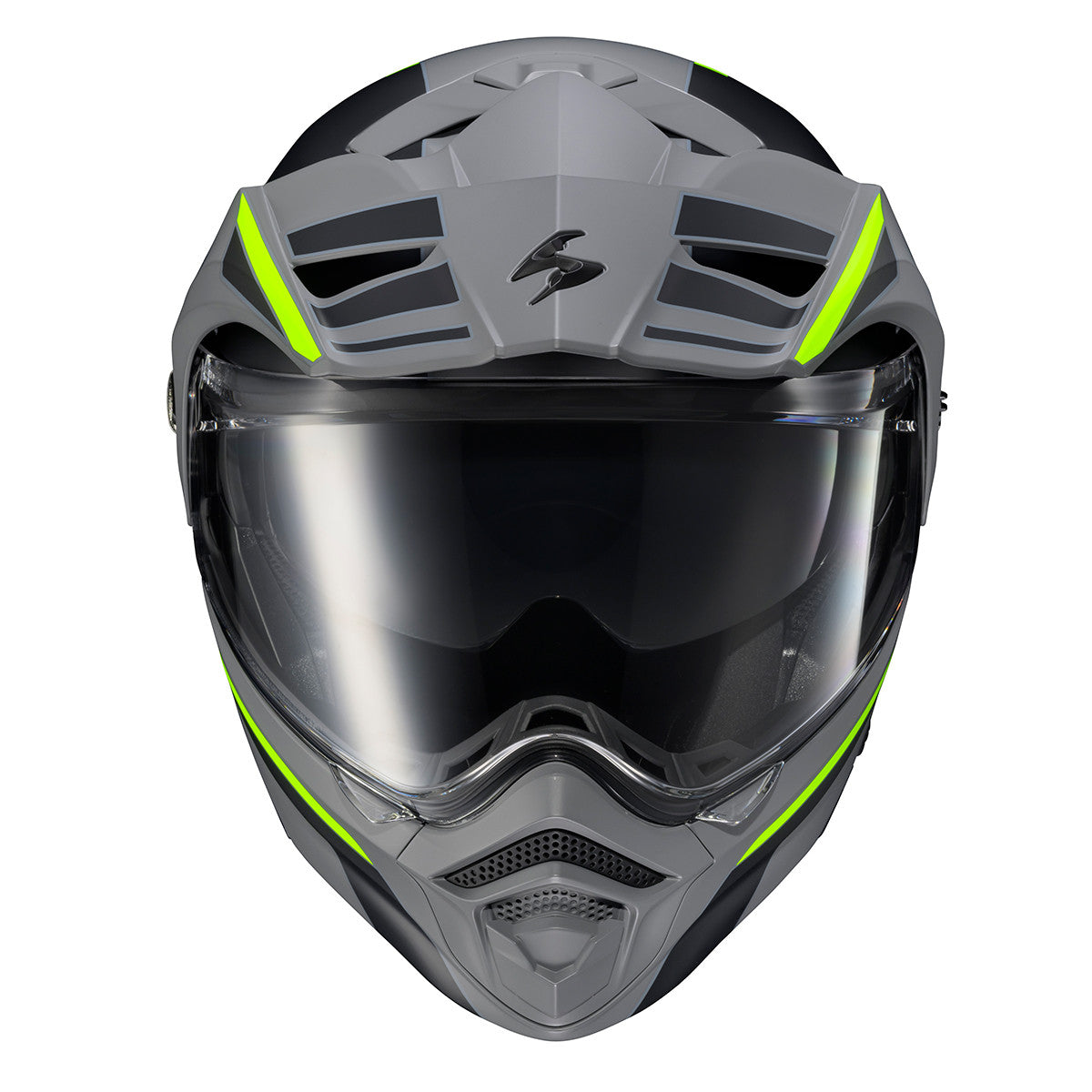 Scorpion-EXO-AT960-Monk-Modular-Motorcycle-Helmet-Grey-HiViz-Front