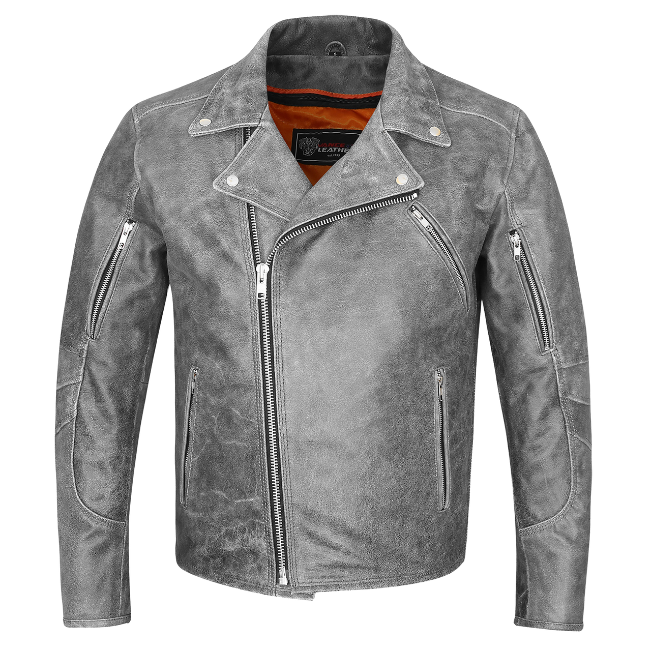 High Mileage HMM517DG Men's Beltless Dual Conceal Carry Distressed Gray Premium Cowhide Leather Biker Motorcycle Jacket - front front