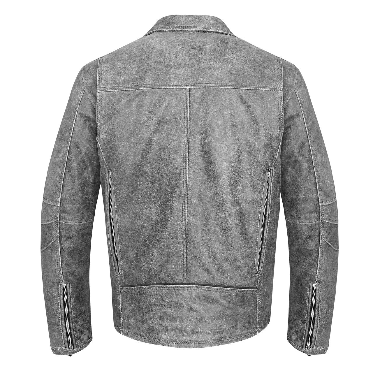 High Mileage HMM517DG Men's Beltless Dual Conceal Carry Distressed Gray Premium Cowhide Leather Biker Motorcycle Jacket - Back View