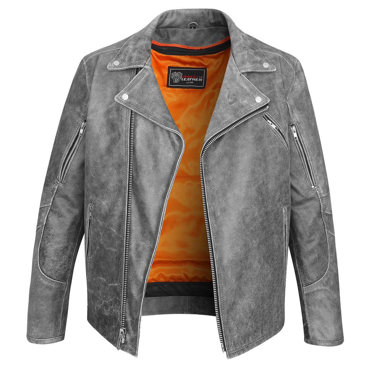 High Mileage HMM517DG Men's Beltless Dual Conceal Carry Distressed Gray Premium Cowhide Leather Biker Motorcycle Jacket - open