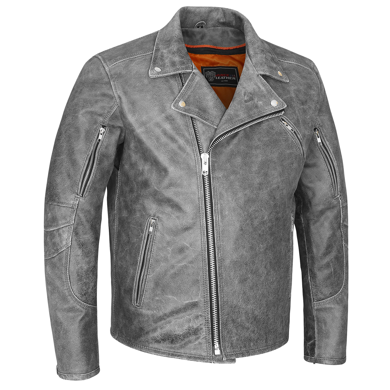 High Mileage HMM517DG Men's Beltless Dual Conceal Carry Distressed Gray Premium Cowhide Leather Biker Motorcycle Jacket - side