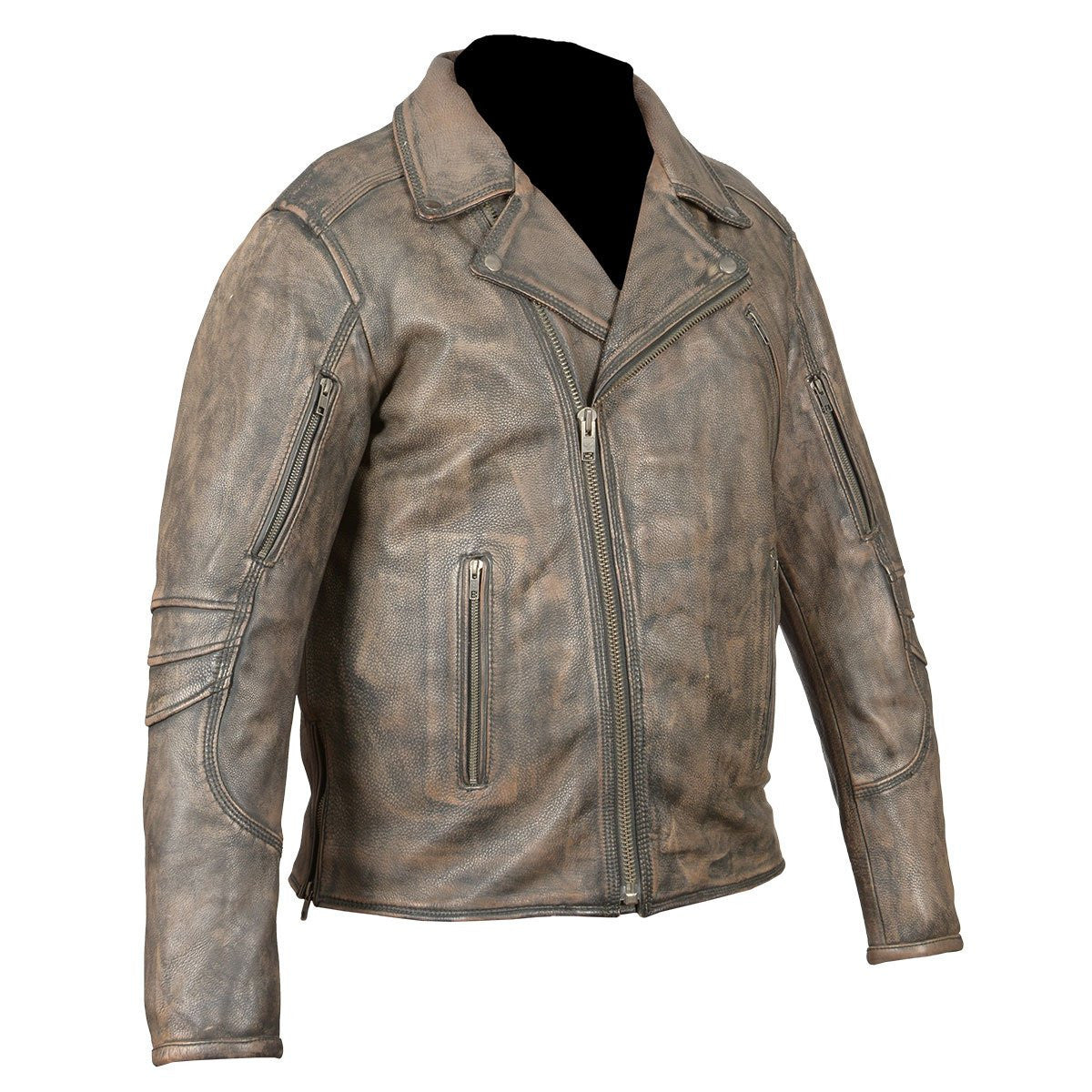 High Mileage HMM517DB Men's Dual Conceal Carry Distressed Brown Premium Cowhide Leather Biker Motorcycle Riding Jacket - Side View