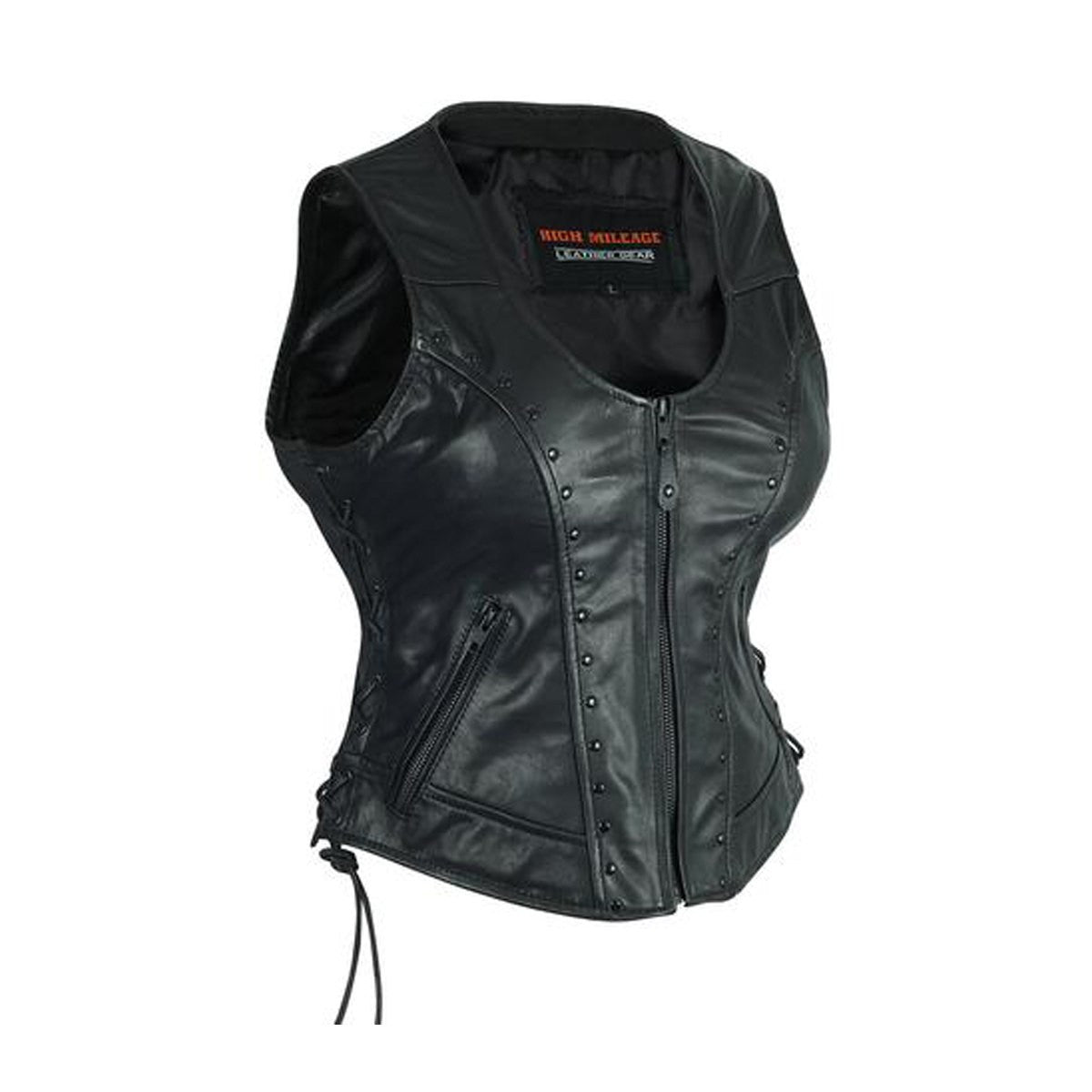 High Mileage HML1043 Womens Lady Biker Leather Motorcycle Vest With Studs - Side View