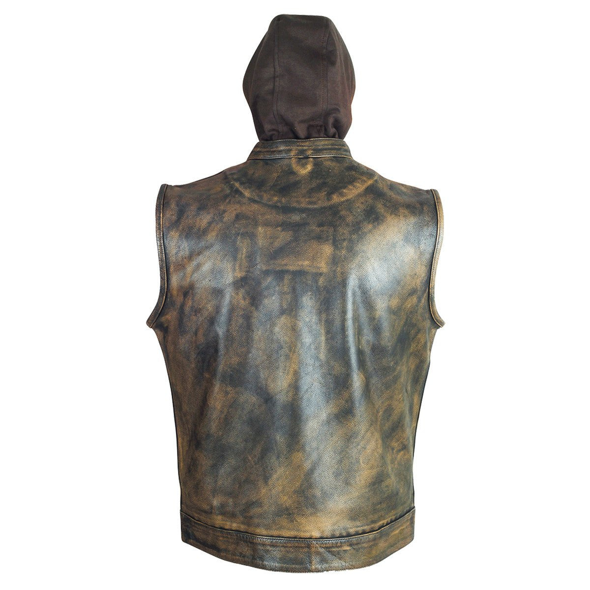 High Mileage HMM914HDB Mens Premium Cowhide Distressed Brown SOA Style Biker Club Leather Motorcycle Vest With Hoodie - Back View