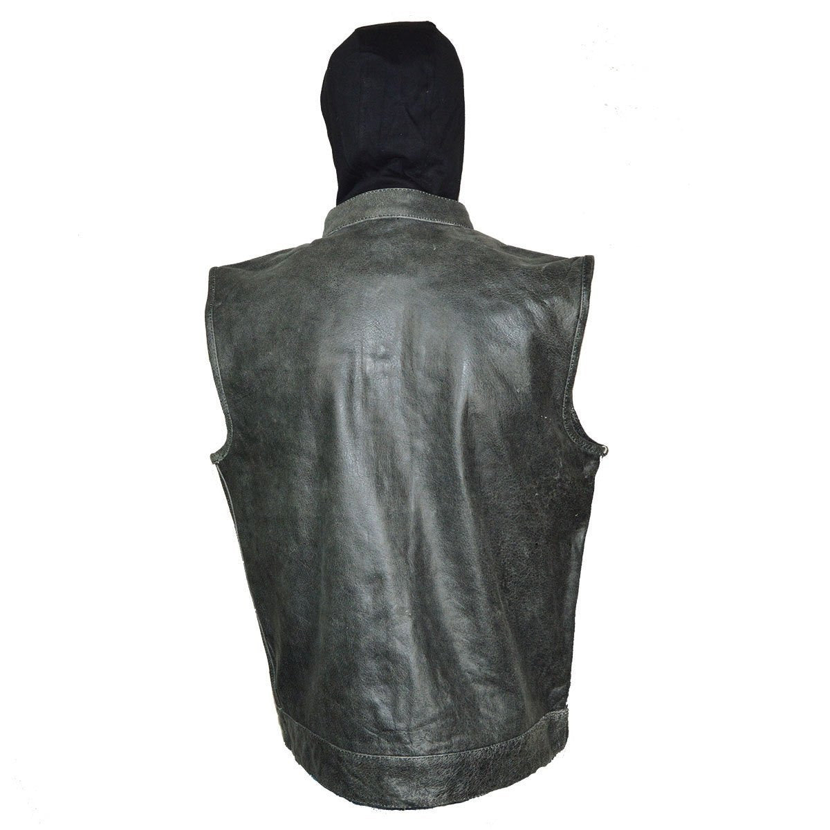 High Mileage HMM914HDG Mens Premium Cowhide Distressed Gray SOA Style Biker Club Leather Motorcycle Vest With Hoodie - Back View