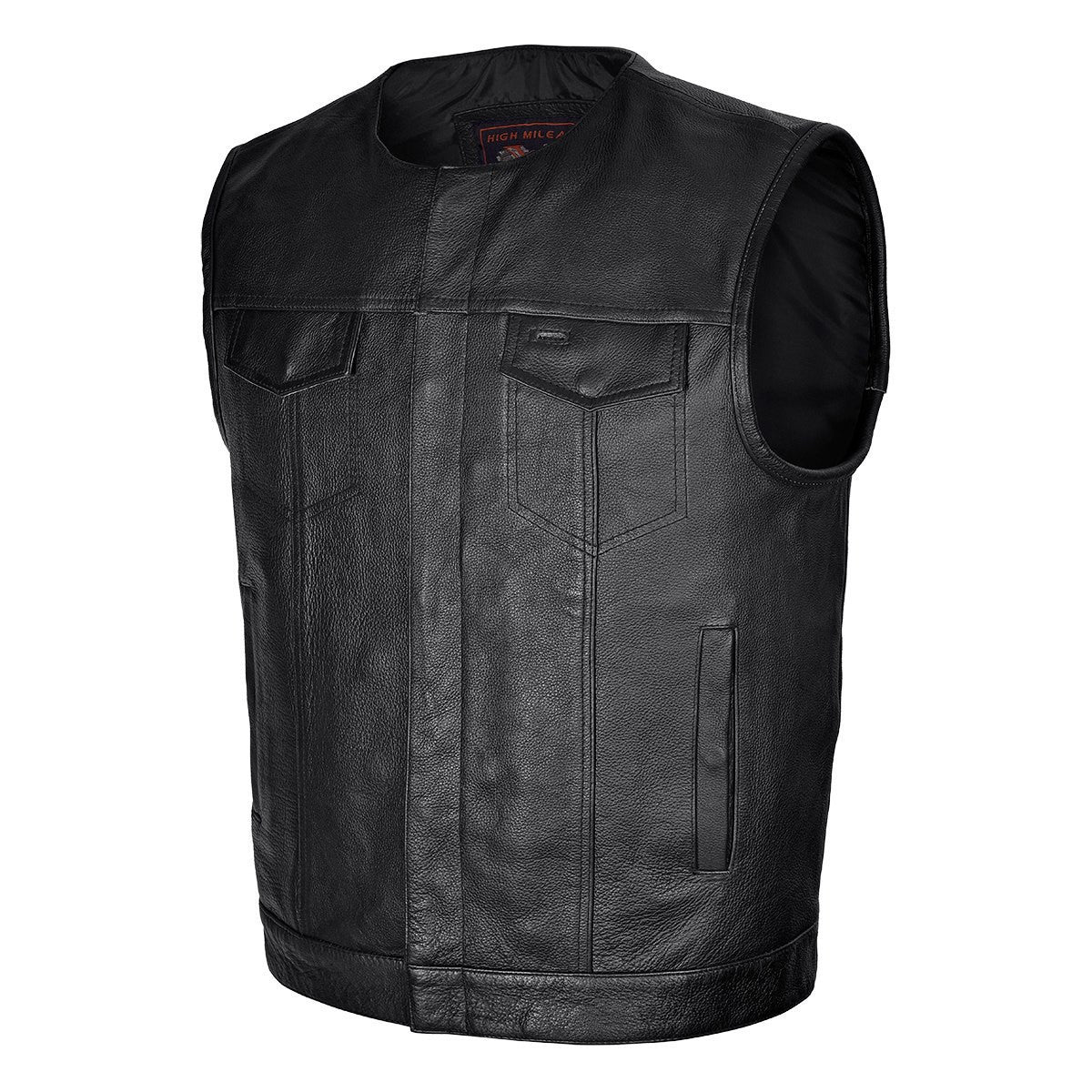 High Mileage HMM919 Mens Black Premium Cowhide Leather SOA Style Club Vest With Quick Access Conceal Carry Pocket - Side View