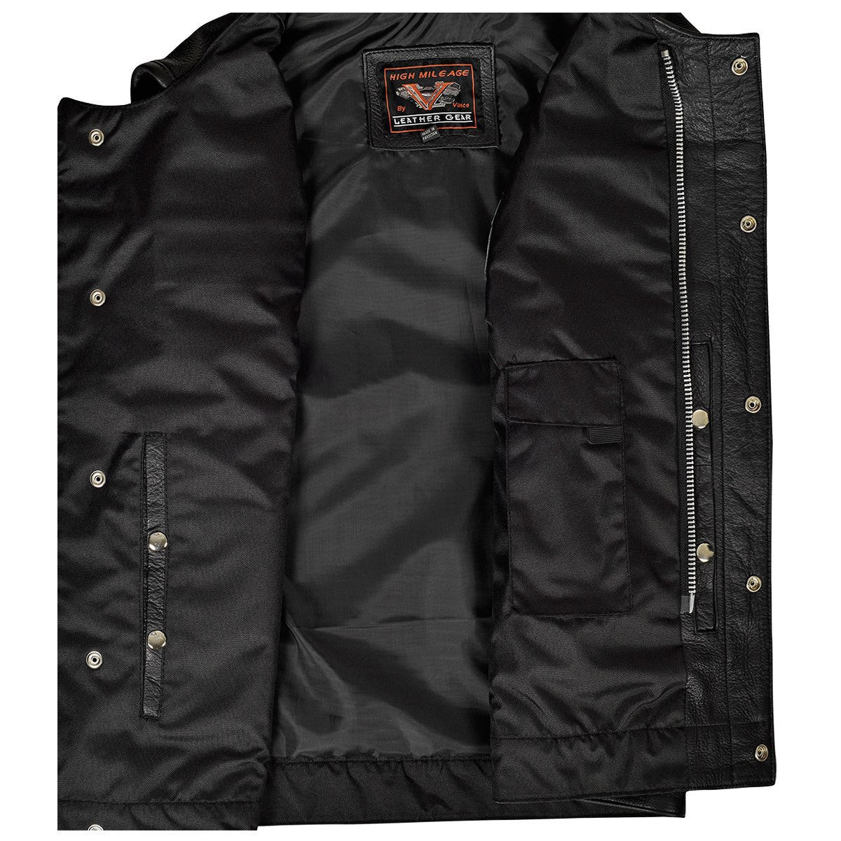 High Mileage HMM919 Mens Black Premium Cowhide Leather SOA Style Club Vest With Quick Access Conceal Carry Pocket - Open View