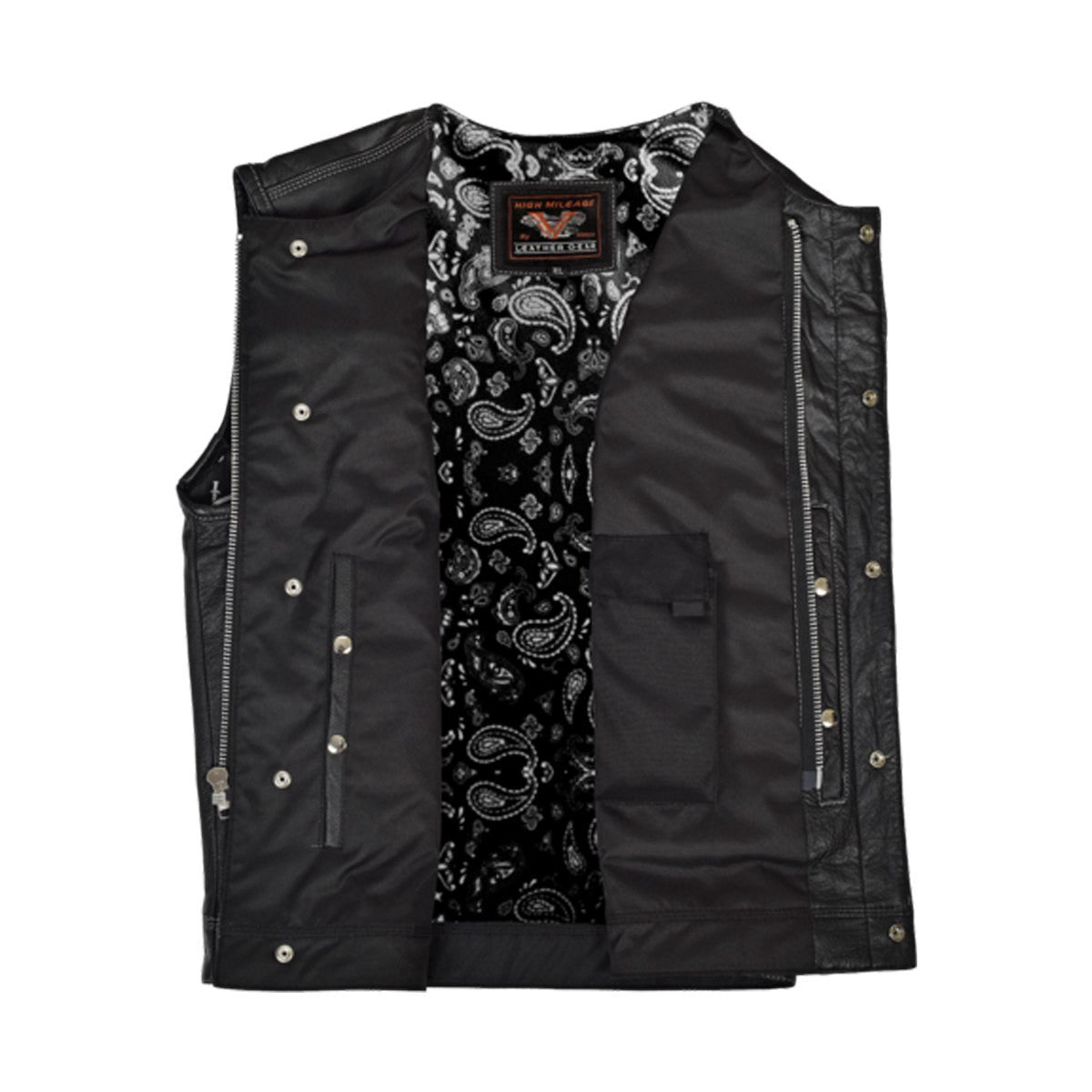 High Mileage HMM919BP Mens Black Paisley Design Liner Premium Cowhide Leather SOA Style Club Vest With Quick Access Conceal Carry Pocket - Open View