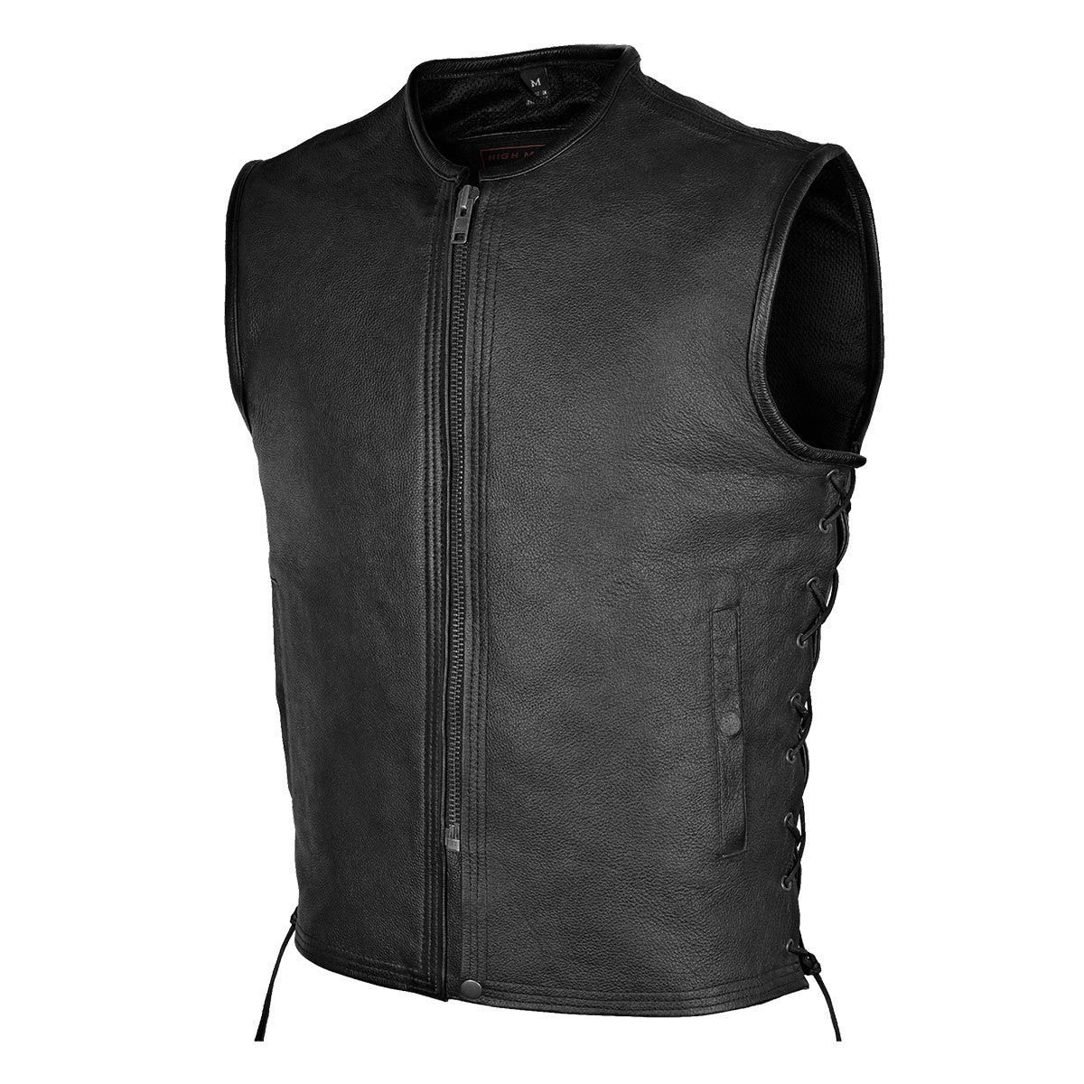 High Mileage HMM931 Mens Black Premium Cowhide Front Zipper Closure Biker Motorcycle Leather Vest - Side View