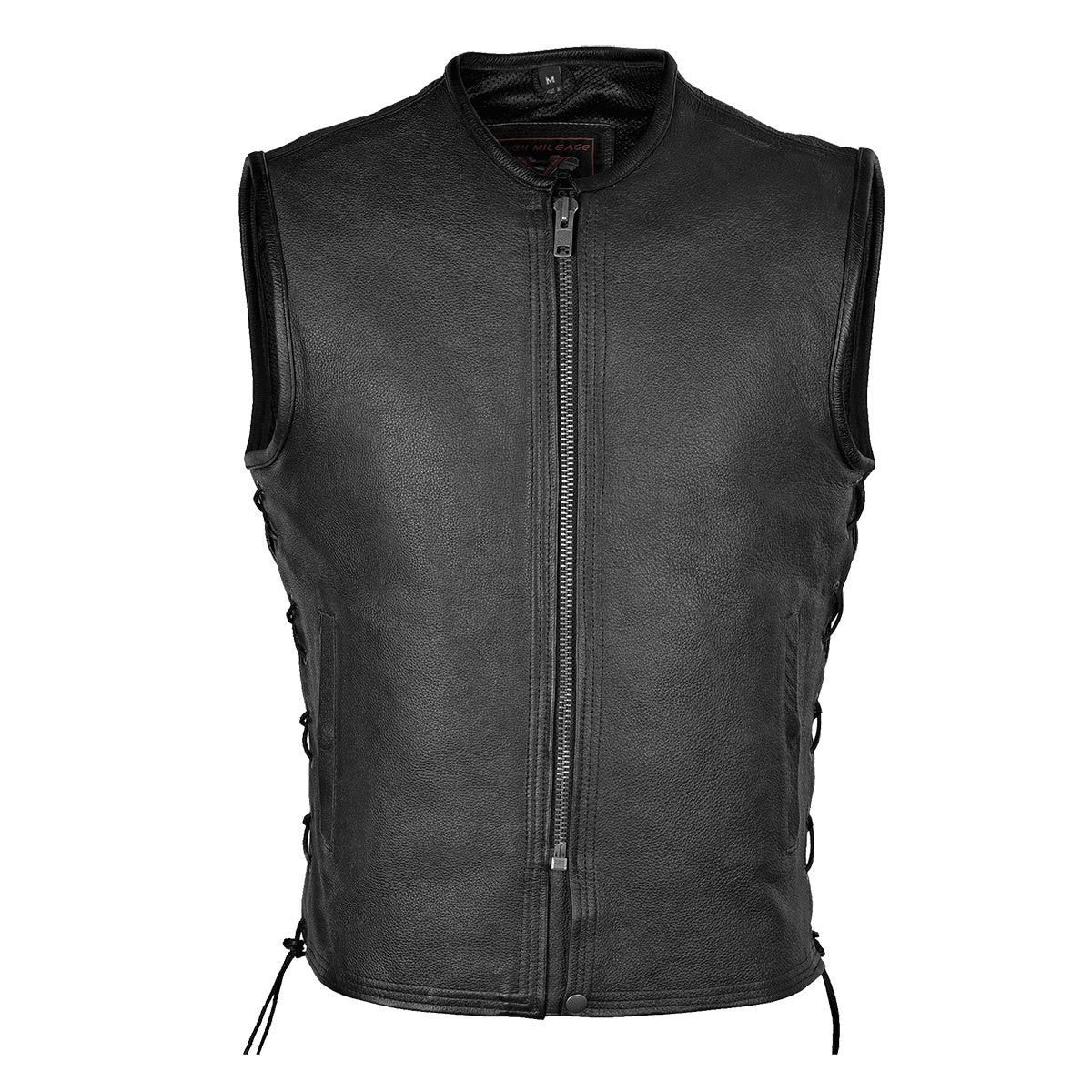 High Mileage HMM931 Mens Black Premium Cowhide Front Zipper Closure Biker Motorcycle Leather Vest