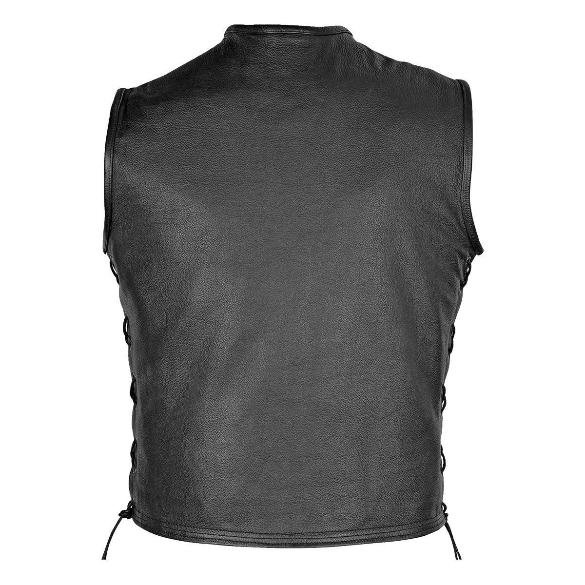 High Mileage HMM931 Mens Black Premium Cowhide Front Zipper Closure Biker Motorcycle Leather Vest - Back View