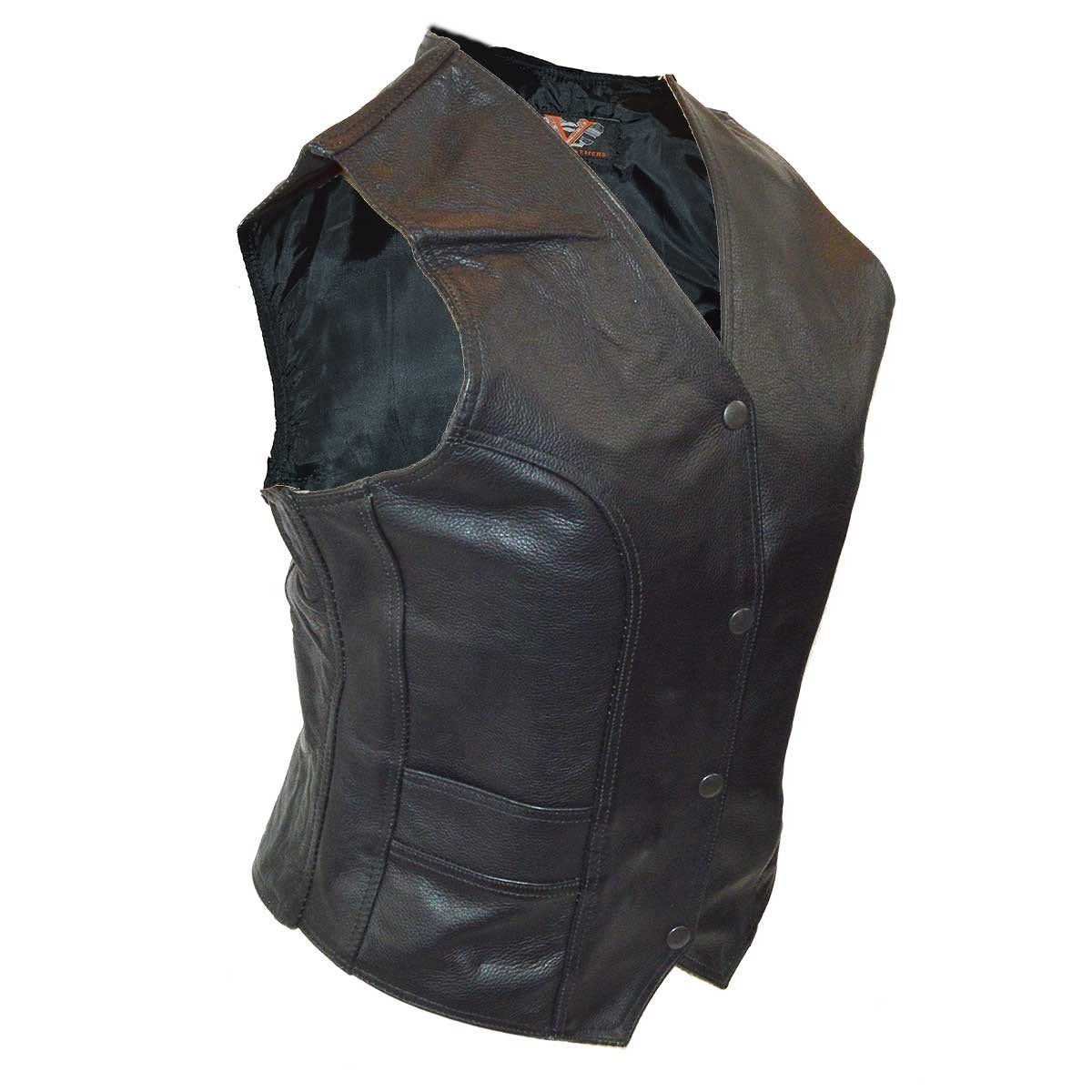 Vance VL1050 Womens Black Lady Biker Leather Motorcycle Vest - Side View