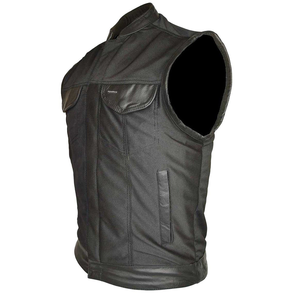 Vance VL1914L Mens Black Front Zipper and Snap Closure SOA Club Style Leather Trimmed Textile Motorcycle Vest - Side View