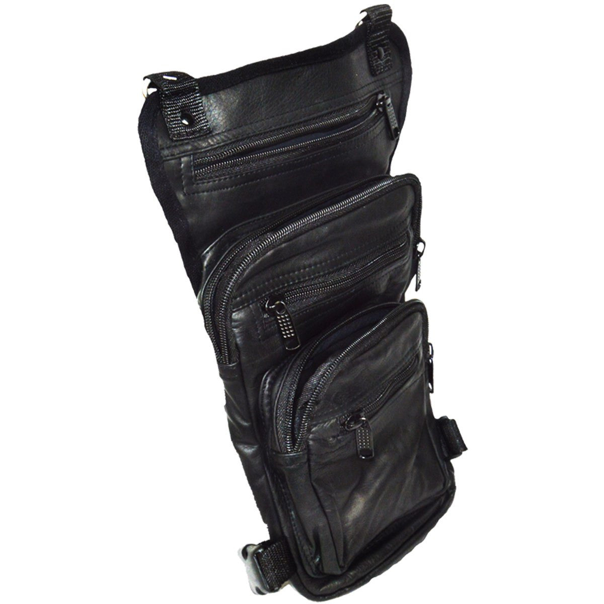 Vance VA562 Men and Women Black Leather Multi-Function Concealed Carry Biker Motorcycle Drop Leg Fanny Pack Thigh Bag - Detail View