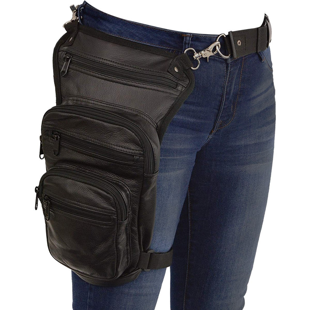 Vance VA562 Men and Women Black Leather Multi-Function Concealed Carry Biker Motorcycle Drop Leg Fanny Pack Thigh Bag