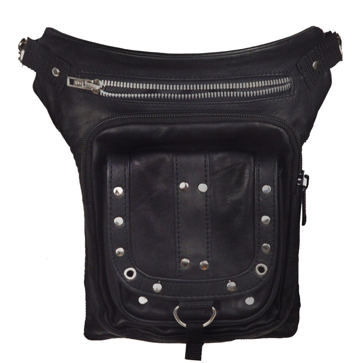 Vance VA561 Men and Women Black Leather Multi-Function Concealed Carry Biker Motorcycle Drop Leg Fanny Pack Thigh Bag - Detail View