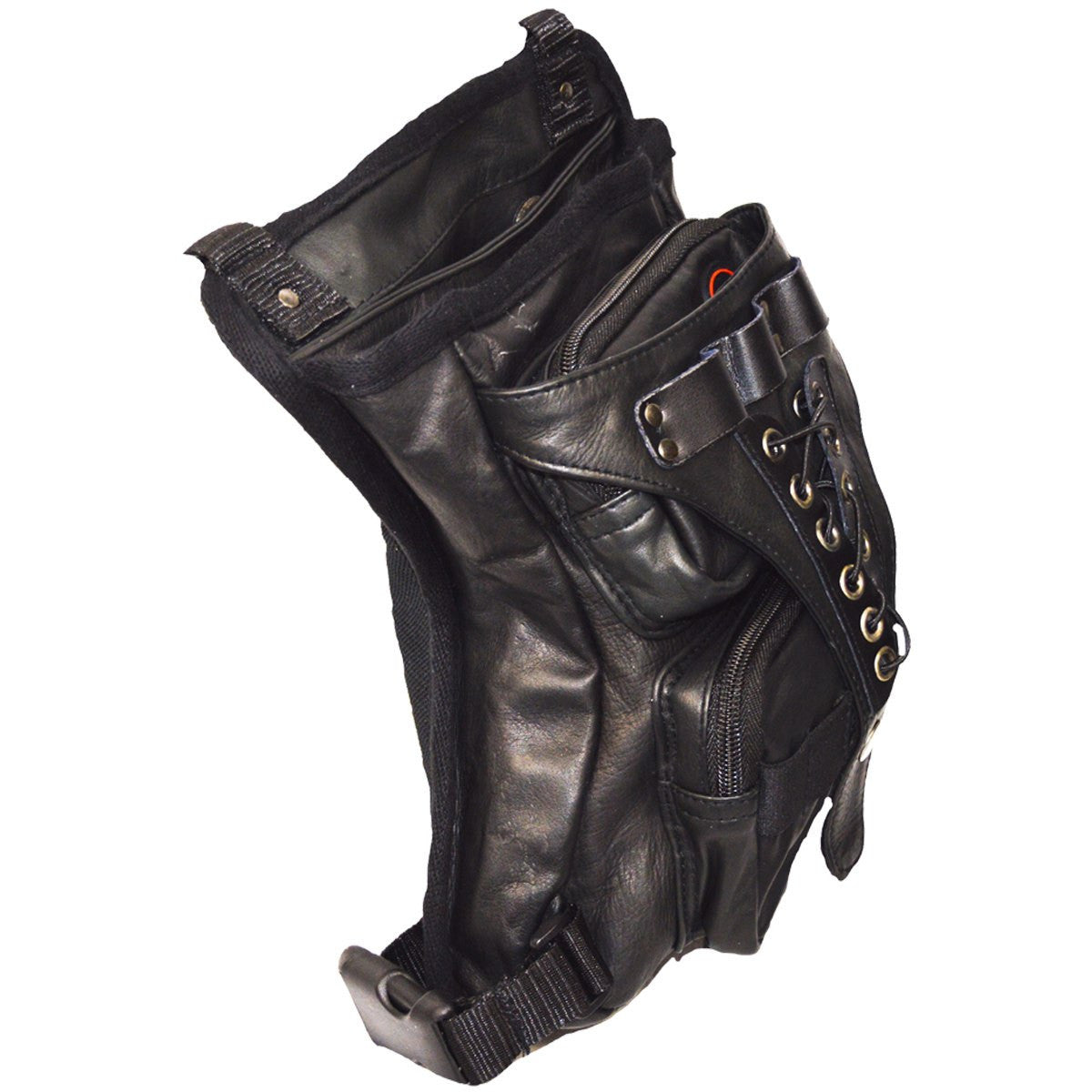 Vance VA560 Men and Women Black Leather Multi-Function Concealed Carry Biker Motorcycle Drop Leg Fanny Pack Thigh Bag - Detail View