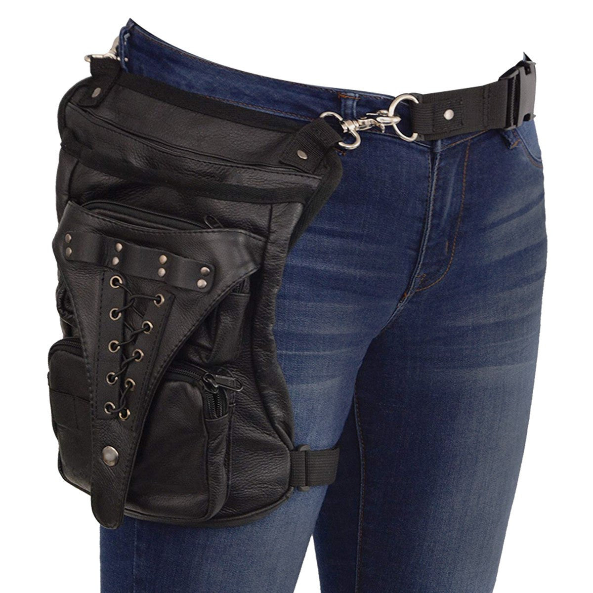 Vance VA560 Men and Women Black Leather Multi-Function Concealed Carry Biker Motorcycle Drop Leg Fanny Pack Thigh Bag