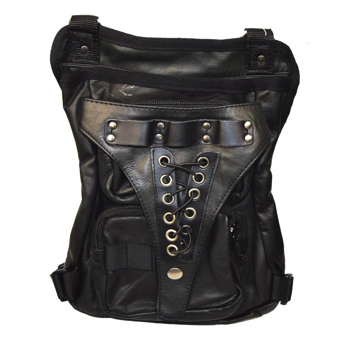 Vance VA560 Men and Women Black Leather Multi-Function Concealed Carry Biker Motorcycle Drop Leg Fanny Pack Thigh Bag - Front View