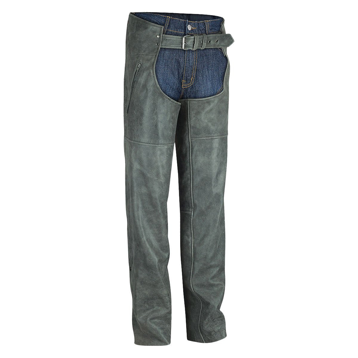 High Mileage HM814DG Men and Women Premium Cowhide Vintage Distressed Gray Biker Leather Motorcycle Chaps - Side View