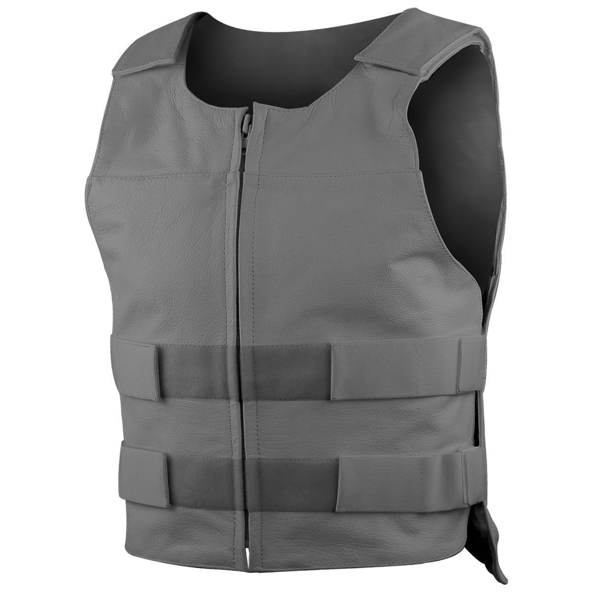 Mens Front Zipper Bullet Proof Style Premium Cow Leather Motorcycle Vest - Grey