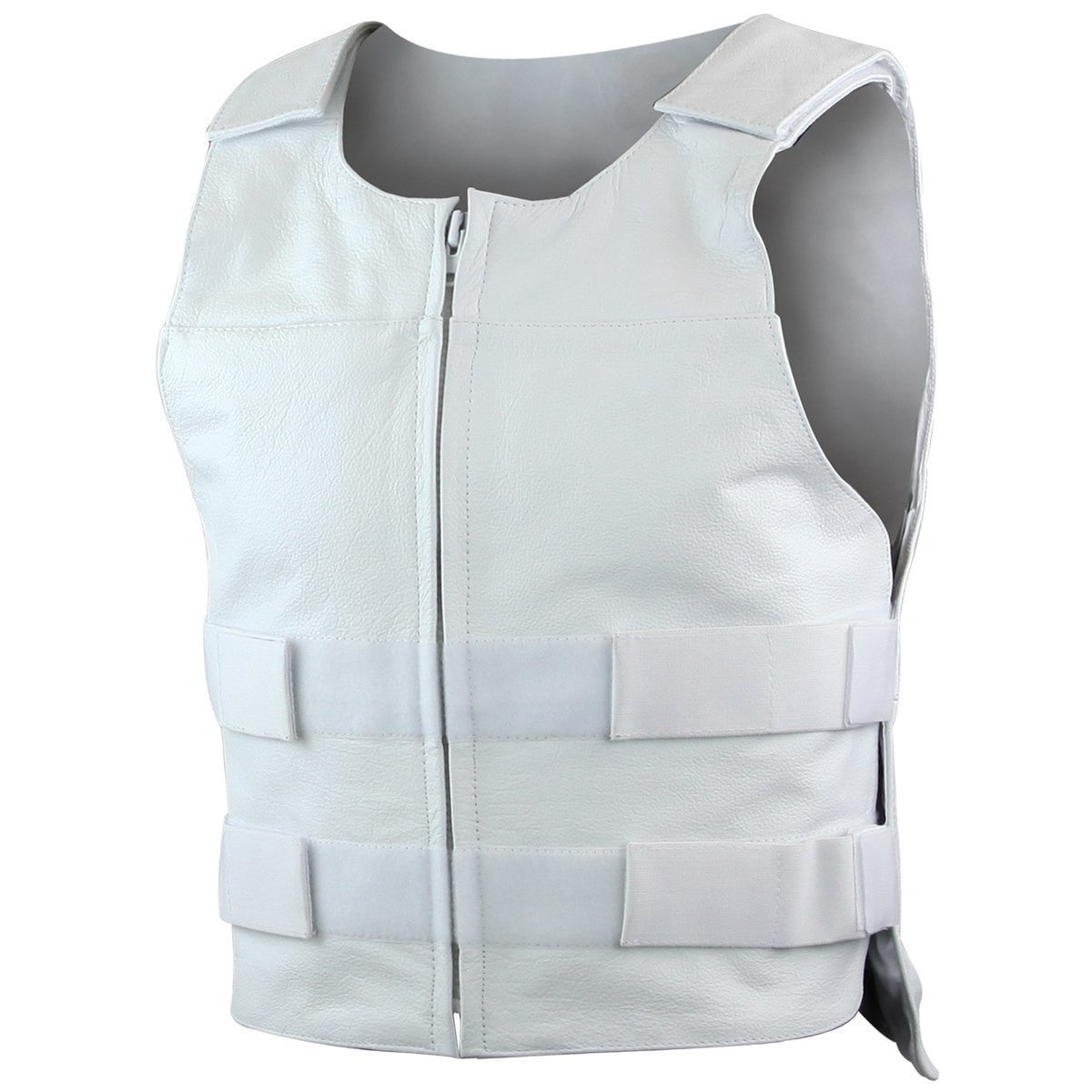 Mens Front Zipper Bullet Proof Style Premium Cow Leather Motorcycle Vest - White