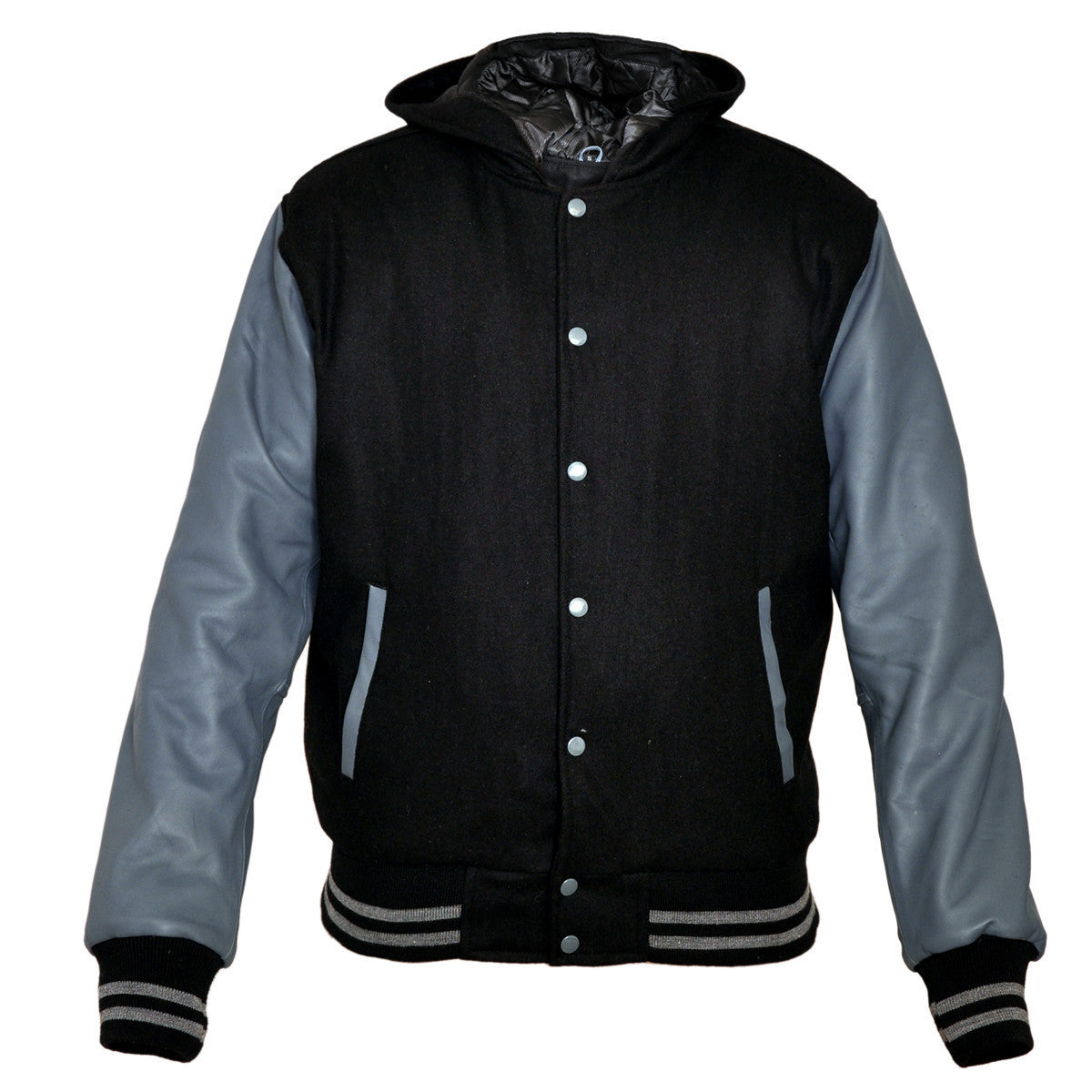 Premium Varsity Jacket with Black Hoodie Wool & Real Leather Sleeves