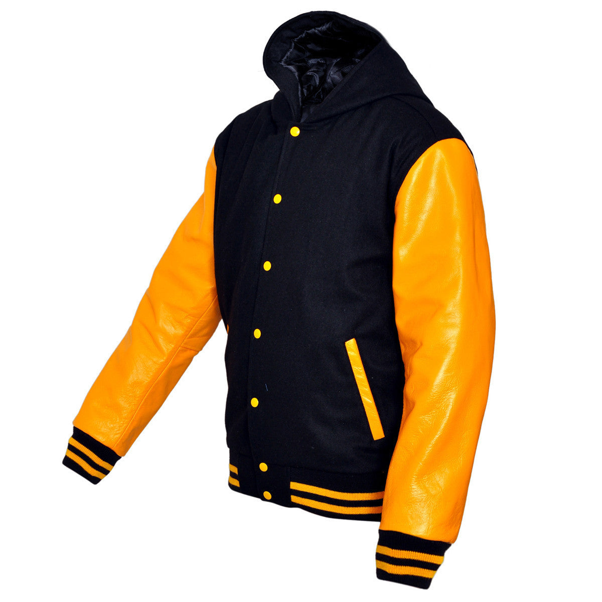 Premium Varsity Jacket with Black Hoodie Wool & Real Leather Sleeves