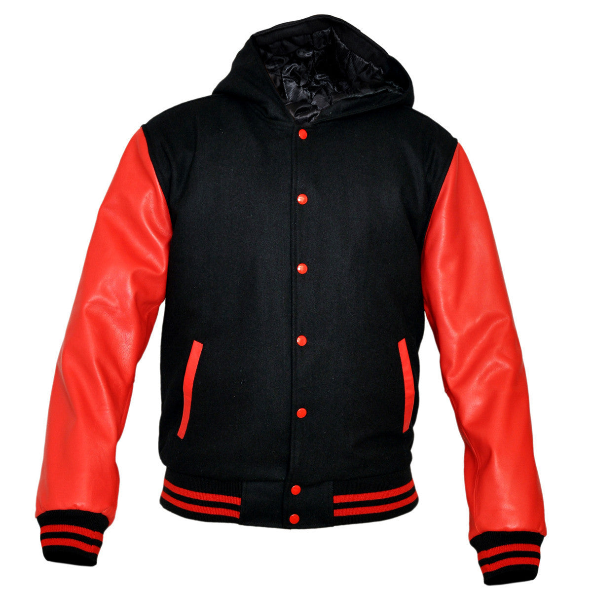 Mens MJ592B Black Wool with Real Leather Premium Varsity Jacket with Hoodie