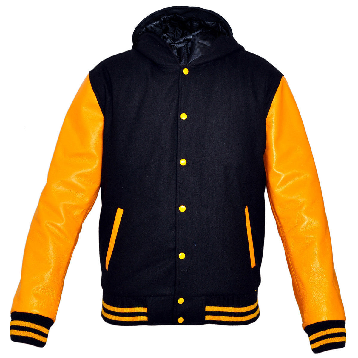 Mens MJ592B Black Wool with Real Leather Premium Varsity Jacket with Hoodie