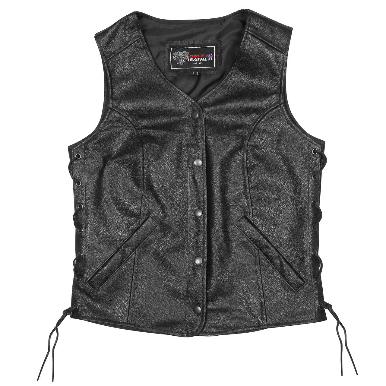 Vance Leather Ladies Economy Leather Five-Snap Lace Side Vest - front - view