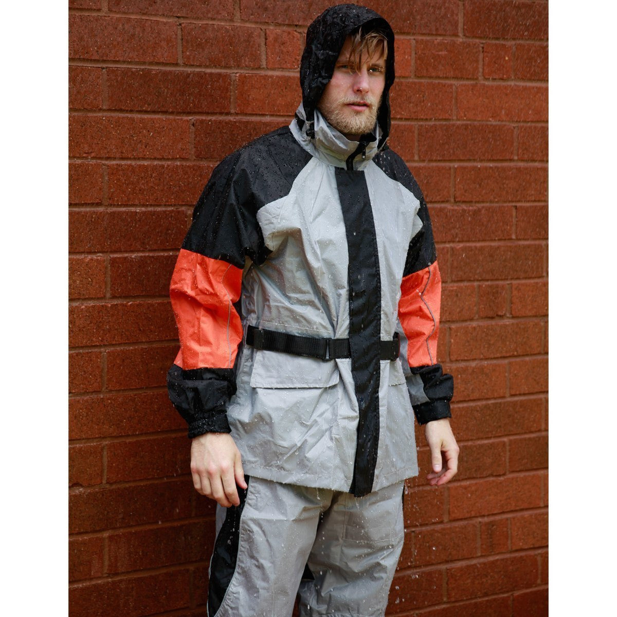 Vance RS35G Men's Two Piece Orange and Silver Reflective Piping Rainsuits Motorcycle Rain Gear