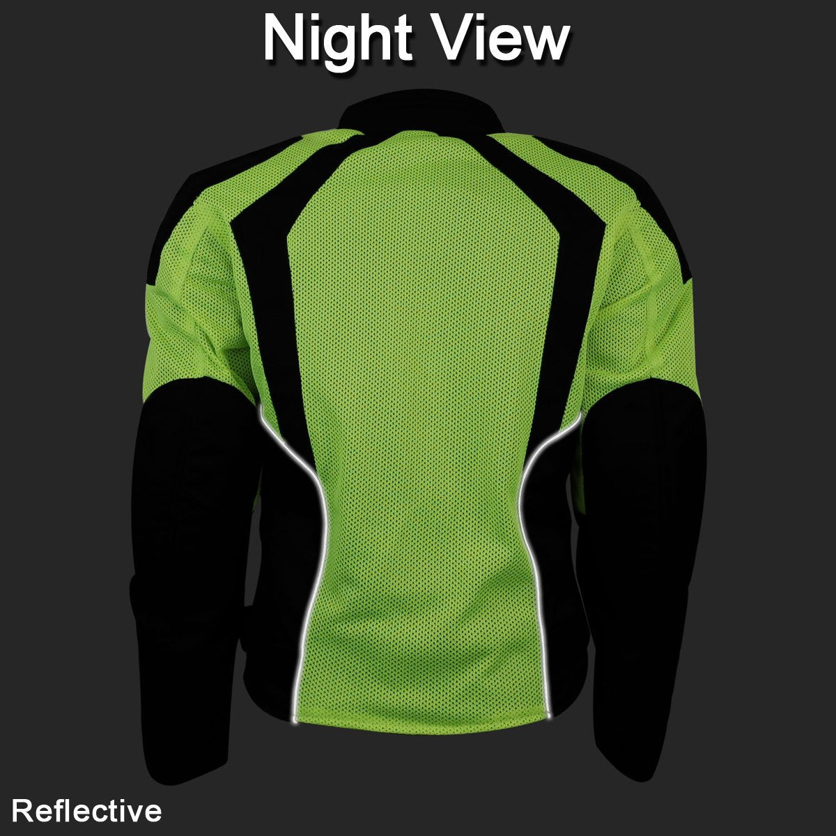 Advance Vance VL1673HG Womens High Visibility Neon All Weather Season CE Armor Mesh Motorcycle Riding Jacket - Night Back View