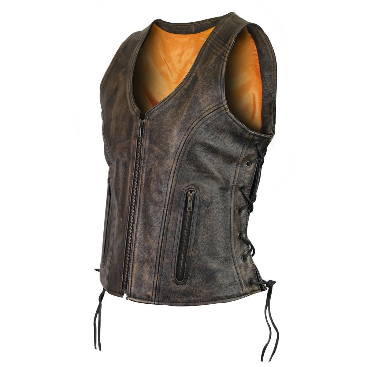 High Mileage HML1029DB Women's Vintage Distressed Brown Lace Side Zipper Pocket Premium Cowhide Leather Motorcycle Vest