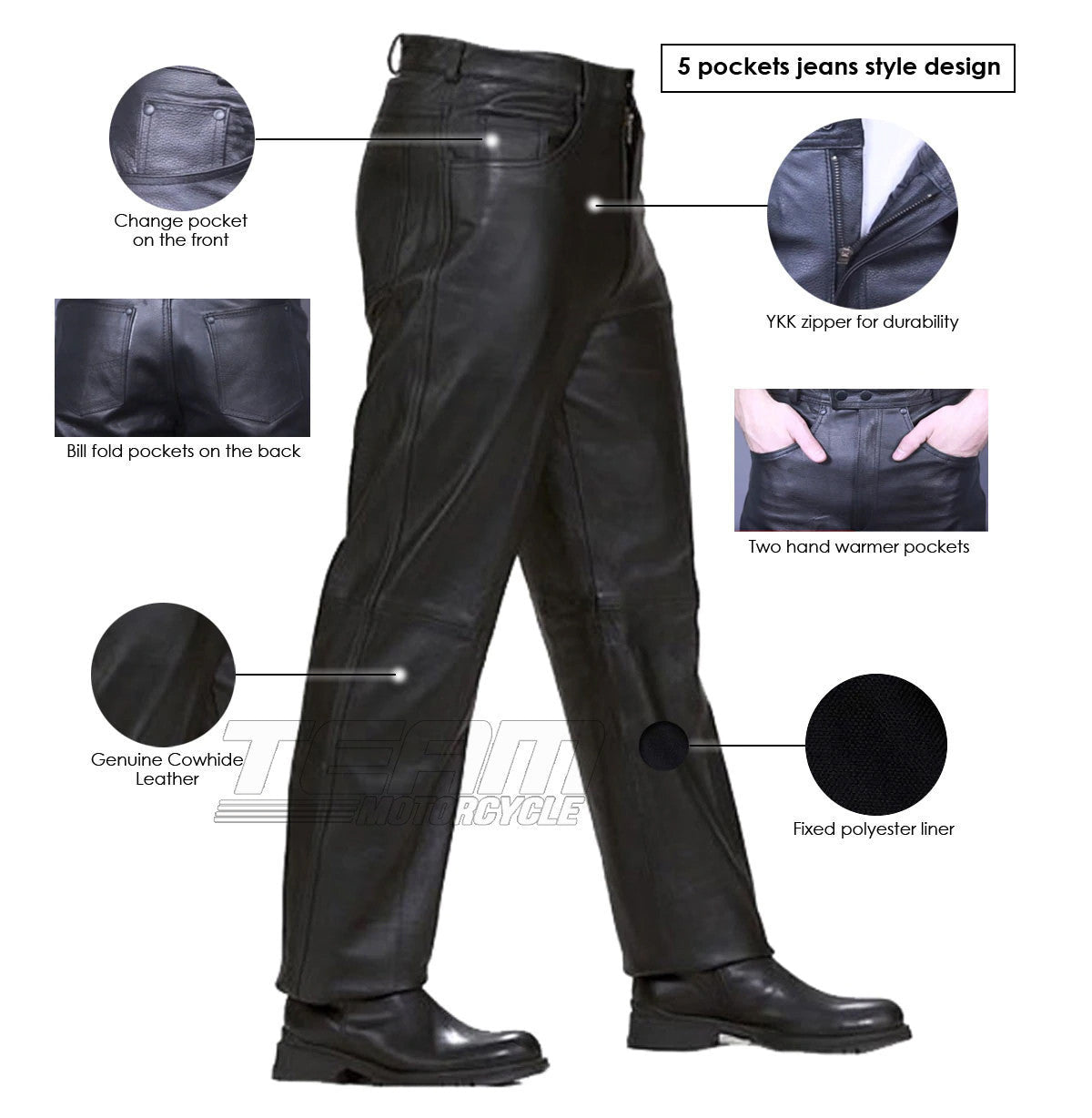 Mens Black Premium Cowhide Jeans Style Biker Motorcycle Leather Pants - Infographics