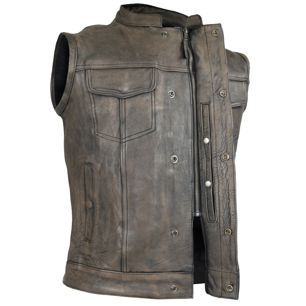 High Mileage HMM914DB Mens Premium Cowhide Distressed Brown SOA Style Biker Club Leather Motorcycle Vest - Zipper View