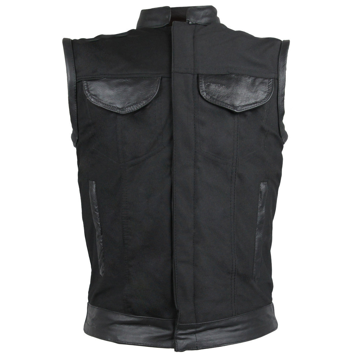 Vance Mens Black Front Zipper and Snap Closure SOA Club Style Leather Trimmed Textile Motorcycle Vest - Front View