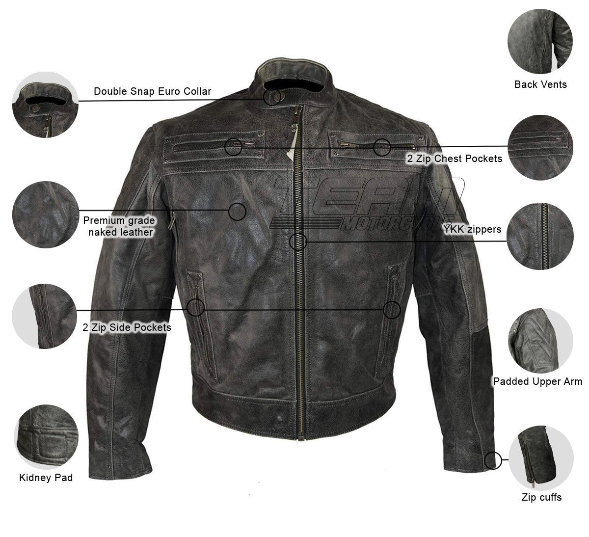 High Mileage HMM542DG Men's Distressed Gray Premium Cowhide Vented and Padded Biker Scooter Jacket - Infographics