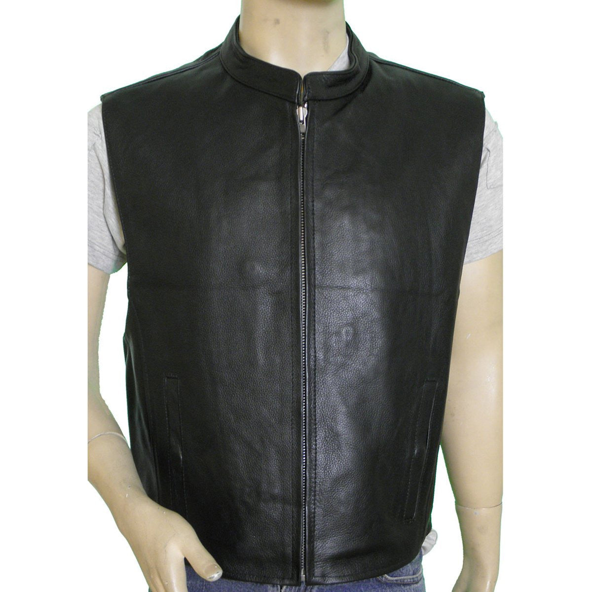 Vance VL930 Men's Black Zipper Front Premium Cowhide Leather Biker Motorcycle Vest